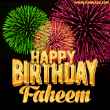 A captivating GIF with bursts of green, pink, and orange fireworks lighting up the night sky, accompanied by 'Happy Birthday Faheem' in glowing golden text.