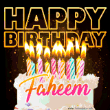 A vibrant animated GIF featuring a delicious birthday cake topped with glowing candles and the name 'Faheem' in elegant script, and the words 'Happy Birthday' on the black background.
