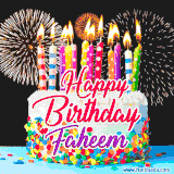 A lively happy birthday animated GIF showcasing a colorful birthday cake covered in sprinkles, topped with glowing candles, and surrounded by vibrant fireworks. The name 'Faheem' is featured in elegant script.