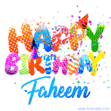 Animated GIF with colorful, festive 'Happy Birthday Faheem' text decorated with patterns, a party hat, and falling confetti. A vibrant and cheerful design for birthday celebrations.