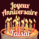 A Happy Birthday GIF in French featuring a festive birthday cake adorned with bright candles and the glowing text 'Joyeux Anniversaire Faisal' in a cheerful style.