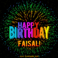 A colorful animated GIF featuring the text 'Happy Birthday Faisal!' in rainbow colors with a dynamic iridescent firework display in the background.