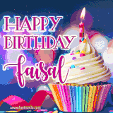 A festive animated GIF featuring a colorful cupcake with a single lit candle, sprinkles, and 'Happy Birthday Faisal' text against a sparkling, celebratory background.