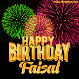 A captivating GIF with bursts of green, pink, and orange fireworks lighting up the night sky, accompanied by 'Happy Birthday Faisal' in glowing golden text.