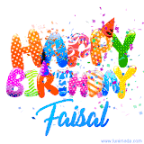 Animated GIF with colorful, festive 'Happy Birthday Faisal' text decorated with patterns, a party hat, and falling confetti. A vibrant and cheerful design for birthday celebrations.