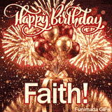 Festive red gift box GIF with the name Faith written in bold script under metallic balloons.