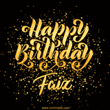 Animated GIF with colorful, festive 'Happy Birthday Faiz' text decorated with patterns, a party hat, and falling confetti. A vibrant and cheerful design for birthday celebrations.