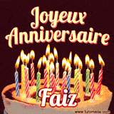 A Happy Birthday GIF in French featuring a festive birthday cake adorned with bright candles and the glowing text 'Joyeux Anniversaire Faiz' in a cheerful style.