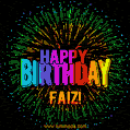 A colorful animated GIF featuring the text 'Happy Birthday Faiz!' in rainbow colors with a dynamic iridescent firework display in the background.