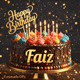Bold golden lettering spelling Faiz on a gourmet chocolate cake decorated with small colorful candies at the base.