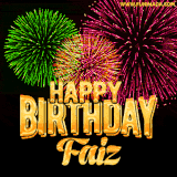 A captivating GIF with bursts of green, pink, and orange fireworks lighting up the night sky, accompanied by 'Happy Birthday Faiz' in glowing golden text.