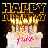 A vibrant animated GIF featuring a delicious birthday cake topped with glowing candles and the name 'Faiz' in elegant script, and the words 'Happy Birthday' on the black background.