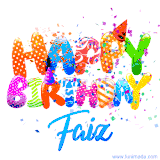 Animated GIF with colorful, festive 'Happy Birthday Faiz' text decorated with patterns, a party hat, and falling confetti. A vibrant and cheerful design for birthday celebrations.