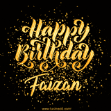 Animated GIF with colorful, festive 'Happy Birthday Faizan' text decorated with patterns, a party hat, and falling confetti. A vibrant and cheerful design for birthday celebrations.