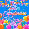 A vibrant animated GIF with 'Feliz Cumpleaños Faizan' written in colorful script, surrounded by balloons, confetti, and bunting on a bright blue background.