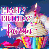 A festive animated GIF featuring a colorful cupcake with a single lit candle, sprinkles, and 'Happy Birthday Faizan' text against a sparkling, celebratory background.