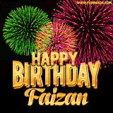 A captivating GIF with bursts of green, pink, and orange fireworks lighting up the night sky, accompanied by 'Happy Birthday Faizan' in glowing golden text.