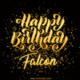 Animated GIF with colorful, festive 'Happy Birthday Falcon' text decorated with patterns, a party hat, and falling confetti. A vibrant and cheerful design for birthday celebrations.