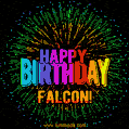 A colorful animated GIF featuring the text 'Happy Birthday Falcon!' in rainbow colors with a dynamic iridescent firework display in the background.