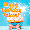 A cheerful animated GIF of a cupcake with creamy frosting, a red checkered ribbon, and a bright sparkler on top. The text 'Happy Birthday Falcon!' is displayed in vibrant orange and red.