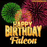 A captivating GIF with bursts of green, pink, and orange fireworks lighting up the night sky, accompanied by 'Happy Birthday Falcon' in glowing golden text.