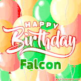 Animated GIF featuring colorful balloons in the background with the cheerful text 'Happy Birthday Falcon'.