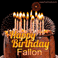 A rich chocolate cake topped with glowing birthday candles and surrounded by bright fireworks. The animated GIF displays the message 'Happy Birthday Fallon' in golden text.
