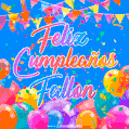 A vibrant animated GIF with 'Feliz Cumpleaños Fallon' written in colorful script, surrounded by balloons, confetti, and bunting on a bright blue background.