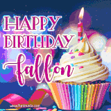 A festive animated GIF featuring a colorful cupcake with a single lit candle, sprinkles, and 'Happy Birthday Fallon' text against a sparkling, celebratory background.