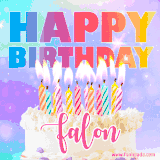 A vibrant animated name GIF with the words 'Happy Birthday Falon' with colorful candles on a creamy cake. The background sparkles with pastel shades, adding a festive touch.