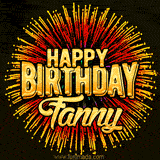 Golden 'Happy Birthday Fanny' text accompanied by animated rainbow fireworks for a festive animated greeting.