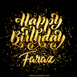 Animated GIF with colorful, festive 'Happy Birthday Faraz' text decorated with patterns, a party hat, and falling confetti. A vibrant and cheerful design for birthday celebrations.