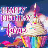 A festive animated GIF featuring a colorful cupcake with a single lit candle, sprinkles, and 'Happy Birthday Faraz' text against a sparkling, celebratory background.