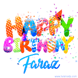 Animated GIF with colorful, festive 'Happy Birthday Faraz' text decorated with patterns, a party hat, and falling confetti. A vibrant and cheerful design for birthday celebrations.