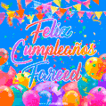 A vibrant animated GIF with 'Feliz Cumpleaños Fareed' written in colorful script, surrounded by balloons, confetti, and bunting on a bright blue background.