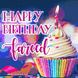 A festive animated GIF featuring a colorful cupcake with a single lit candle, sprinkles, and 'Happy Birthday Fareed' text against a sparkling, celebratory background.