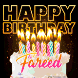 A vibrant animated GIF featuring a delicious birthday cake topped with glowing candles and the name 'Fareed' in elegant script, and the words 'Happy Birthday' on the black background.