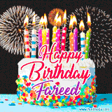 A lively happy birthday animated GIF showcasing a colorful birthday cake covered in sprinkles, topped with glowing candles, and surrounded by vibrant fireworks. The name 'Fareed' is featured in elegant script.