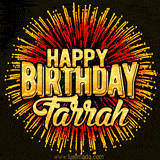 Golden 'Happy Birthday Farrah' text accompanied by animated rainbow fireworks for a festive animated greeting.