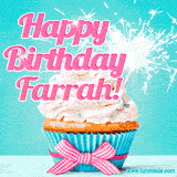 A festive cupcake with pink icing, a gingham bow, and a lit animated sparkler, paired with 'Happy Birthday Farrah!' in bright pink text.