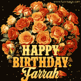Animated bouquet of orange roses with moving butterfles and golden 'Happy Birthday Farrah' text, surrounded by sparkling accents and a dark backdrop for a luxurious feel.