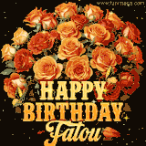 Animated bouquet of orange roses with moving butterfles and golden 'Happy Birthday Fatou' text, surrounded by sparkling accents and a dark backdrop for a luxurious feel.
