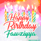 Bright birthday candles with rainbow flames on a cake, alongside the text 'Happy Birthday Fawziyya' in vibrant script in this celebratory animated GIF.