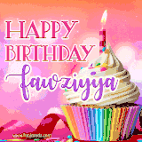 A vibrant birthday GIF featuring a rainbow-colored cupcake topped with white frosting, sprinkles, and a lit candle. The text reads 'Happy Birthday Fawziyya' in bold pink and violet letters with white outline.