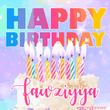A vibrant animated name GIF with the words 'Happy Birthday Fawziyya' with colorful candles on a creamy cake. The background sparkles with pastel shades, adding a festive touch.