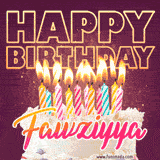 A colorful birthday cake topped with lit candles, with the words 'Happy Birthday Fawziyya' in bold glowing letters on a burgundy background. Animated flames add a festive touch.