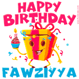 A vibrant and funny gift box character with a happy face dancing with a cupcake and the text 'Happy Birthday Fawziyya,' surrounded by animated confetti and party vibes.