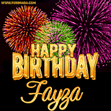 A golden 'Happy Birthday Fayza' message with vibrant fireworks in the background, creating a festive and celebratory vibe in this animated name GIF.
