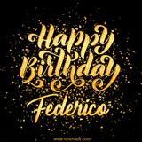Animated GIF with colorful, festive 'Happy Birthday Federico' text decorated with patterns, a party hat, and falling confetti. A vibrant and cheerful design for birthday celebrations.