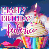 A festive animated GIF featuring a colorful cupcake with a single lit candle, sprinkles, and 'Happy Birthday Federico' text against a sparkling, celebratory background.